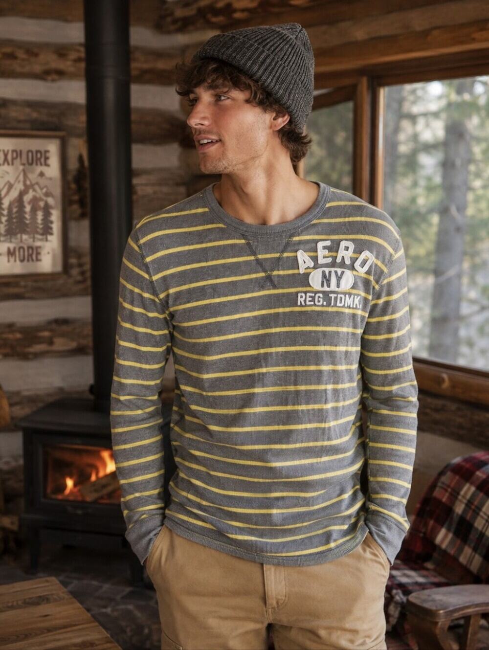 Aeropostale Waffle Knit Thermal Shirt Mens M Gray Yellow Stripe Outdoor Y2K Cozy